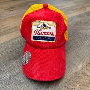 Hamm's Premium Corduroy Mesh Trucker Hat Red Yellow Cap Bottle Opener Festival